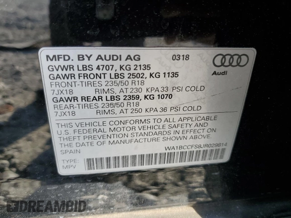 2018 Audi Q3 Premium with VIN WA1BCCFS8JR029814, listed as a Copart auction lot 49592265 with 71,038 mi miles and Salvage Title. Bid and sale history available at carsss.com. Image 13.