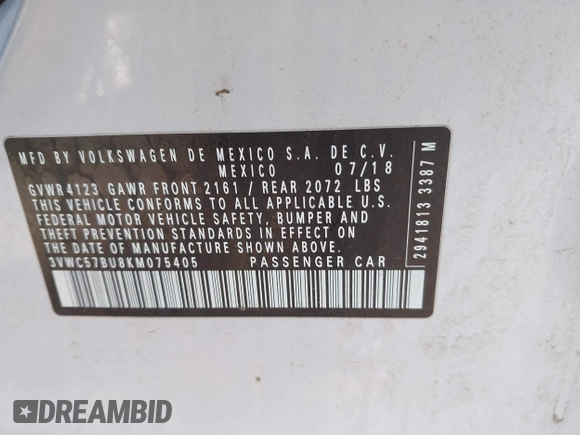 2019 Volkswagen Jetta S с VIN 3VWC57BU8KM075405, выставлен на аукционе IAAI как лот 42412088 с пробегом 61 493 миль миль и . История ставок и продаж доступна на DreamBid. Изображение 9.
