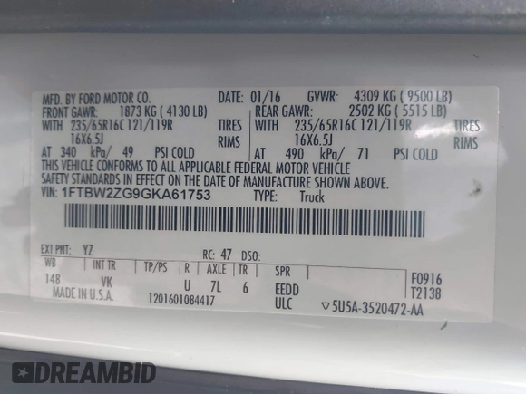 2016 Ford Transit with VIN 1FTBW2ZG9GKA61753, listed as a IAAI auction lot 41565580 with 150,528 mi miles and . Bid and sale history available at DreamBid. Image 9.
