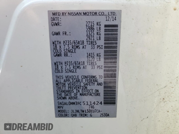 2015 Infiniti QX60 with VIN 5N1AL0MM3FC511424, listed as a Copart auction lot 61307025 with 318,141 mi miles and Clean title. Bid and sale history available at DreamBid. Image 13.