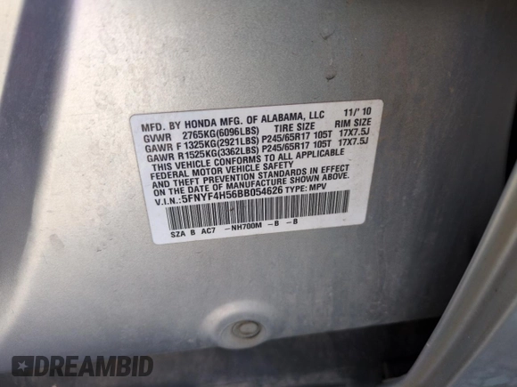 2011 Honda Pilot EX-L with VIN 5FNYF4H56BB054626, listed as a Copart auction lot 50775765 with 191,150 mi miles and Salvage Title. Bid and sale history available at carsss.com. Image 13.