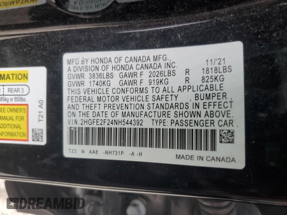 2022 Honda Civic LX z VIN 2HGFE2F24NH544392, wystawiony jako Copart lot #53513395 z przebiegiem Nie podano mil oraz Szkoda całkowita • Salvage title. Historia ofert i sprzedaży dostępna na DreamBid. Obrazek 12.