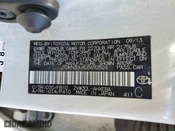 2013 Toyota Prius One with VIN JTDKN3DU4D5692524, listed as a Copart auction lot 66144315 with 259,467 mi miles and Clean title. Bid and sale history available at DreamBid. Image 12.