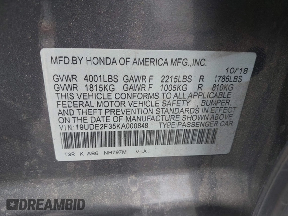 2019 Acura ILX with VIN 19UDE2F35KA000848, listed as a IAAI auction lot 41895680 with 97,050 mi miles. Bid and sale history available at carsss.com. Image 9.