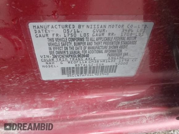 2016 Nissan Versa SV with VIN 3N1CN7APXGL903940, listed as a IAAI auction lot 41276464 with 1 mi miles. Bid and sale history available at carsss.com. Image 9.