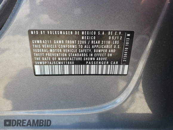2012 Volkswagen Jetta SE с VIN 3VWDP7AJ5CM411860, выставлен на аукционе Copart как лот 61605695 с пробегом 187 743 миль миль и Чистый • Clean title. История ставок и продаж доступна на DreamBid. Изображение 12.