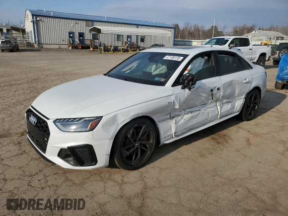 2021 Audi A4 S line Premium Plus z VIN WAUEAAF40MN003702, wystawiony jako Copart lot #47108135 z przebiegiem Nie podano mil oraz Szkoda całkowita • Salvage title. Historia ofert i sprzedaży dostępna na DreamBid. Obrazek 1.