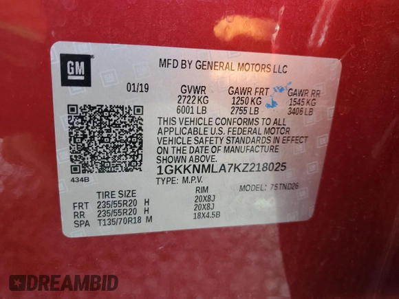 2019 GMC Acadia SLT with VIN 1GKKNMLA7KZ218025, listed as a Copart auction lot 44653135 with 93,775 mi miles and Salvage title. Bid and sale history available at DreamBid. Image 14.