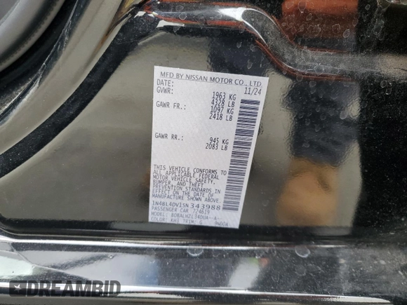 2025 Nissan Altima SV with VIN 1N4BL4DV1SN343988, listed as a Copart auction lot 53901555 with 5,728 mi miles and Salvage Title. Bid and sale history available at DreamBid. Image 12.