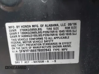 2007 Honda Pilot EX-L with VIN 5FNYF18697B002843, listed as a IAAI auction lot 41549328 with 202,365 mi miles and . Bid and sale history available at DreamBid. Image 9.