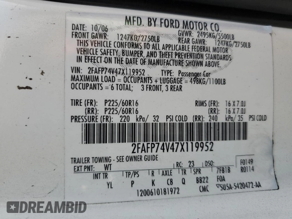 2007 Ford Crown Victoria LX с VIN 2FAFP74V47X119952, выставлен на аукционе Copart как лот 71025704 с пробегом 220 034 миль миль и Списание • Salvage title. История ставок и продаж доступна на DreamBid. Изображение 12.