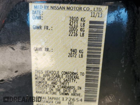 2014 Nissan Altima 2.5 with VIN 1N4AL3APXEC172654, listed as a Copart auction lot 48426485 with 190,036 mi miles and Salvage Title. Bid and sale history available at DreamBid. Image 12.