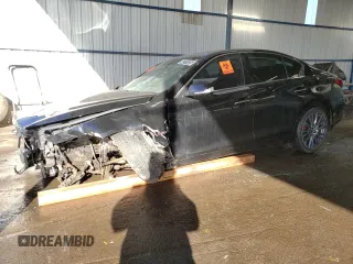 2018 Infiniti Q50 Red Sport 400 with VIN JN1FV7AR8JM480707, listed as a Copart auction lot 48169945 with 98,449 mi miles and Salvage Title. Bid and sale history available at DreamBid. Image 1.