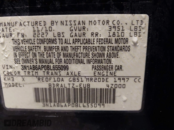 2011 Nissan Sentra 2.0 with VIN 3N1AB6AP0BL655099, listed as a IAAI auction lot 41288016 with 170,275 mi miles and . Bid and sale history available at DreamBid. Image 9.