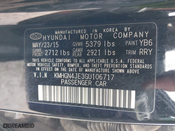 2016 Hyundai Genesis 3.8L with VIN KMHGN4JE3GU106717, listed as a IAAI auction lot 40319357 with 207,077 mi miles. Bid and sale history available at carsss.com. Image 9.