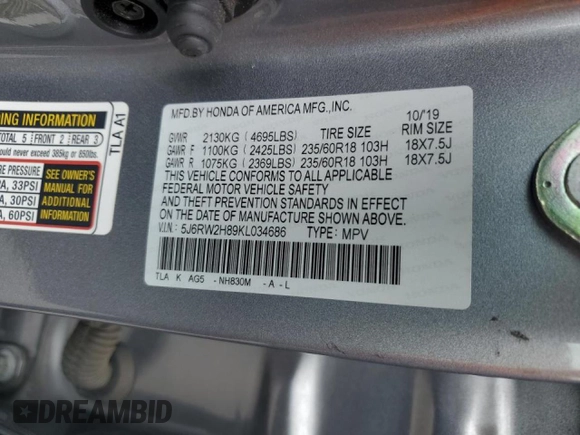 2019 Honda CR-V EX-L with VIN 5J6RW2H89KL034686, listed as a Copart auction lot 50867115 with 100,830 mi miles and Salvage Title. Bid and sale history available at carsss.com. Image 15.