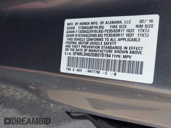 2016 Honda Odyssey EX-L with VIN 5FNRL5H62GB070194, listed as a IAAI auction lot 41664352 with 112,112 mi miles. Bid and sale history available at carsss.com. Image 9.