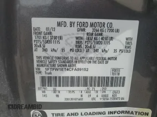 2012 Ford F-150 XL with VIN 1FTFW1ET4CFA59152, listed as a Copart auction lot 51183215 with 142,545 mi miles and Salvage title. Bid and sale history available at DreamBid. Image 12.