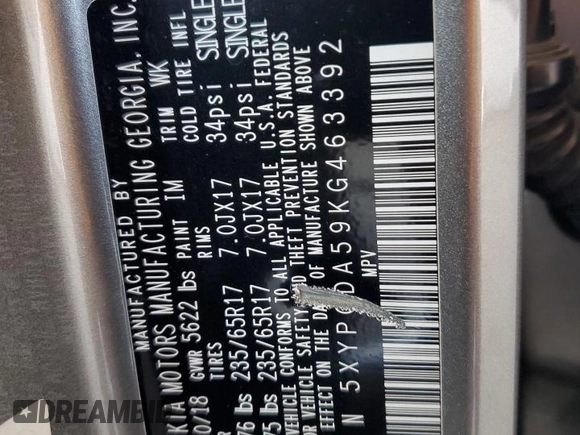 2019 Kia Sorento LX z VIN 5XYPGDA59KG463392, wystawiony jako Copart lot #54970245 z przebiegiem 99 576 mil mil oraz Szkoda całkowita • Salvage title. Historia ofert i sprzedaży dostępna na DreamBid. Obrazek 13.