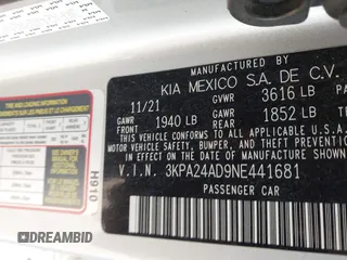 2022 Kia Rio S with VIN 3KPA24AD9NE441681, listed as a IAAI auction lot 41791506 with 35,913 mi miles and . Bid and sale history available at DreamBid. Image 9.