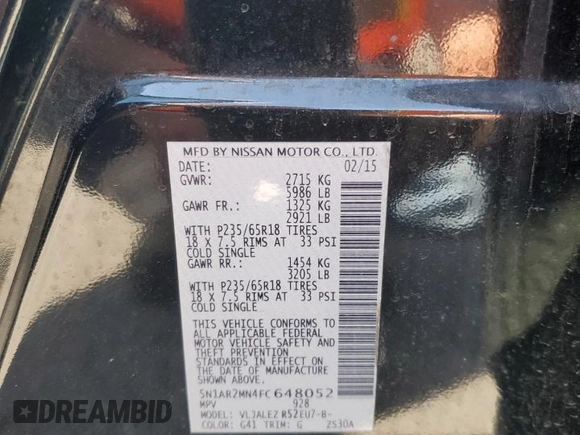 2015 Nissan Pathfinder SL with VIN 5N1AR2MN4FC648052, listed as a Copart auction lot 55129165 with 182,291 mi miles and Salvage title. Bid and sale history available at DreamBid. Image 13.
