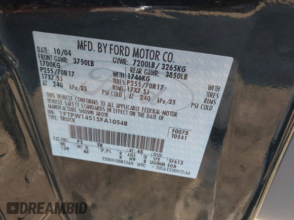 2005 Ford F-150 XLT с VIN 1FTPW14515FA10548, выставлен на аукционе IAAI как лот 41775576 с пробегом 48 659 миль миль и . История ставок и продаж доступна на DreamBid. Изображение 9.
