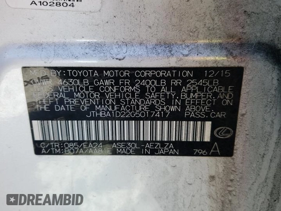 2016 Lexus IS 200t with VIN JTHBA1D22G5017417, listed as a Copart auction lot 46796445 with 97,721 mi miles and Salvage Title. Bid and sale history available at DreamBid. Image 12.