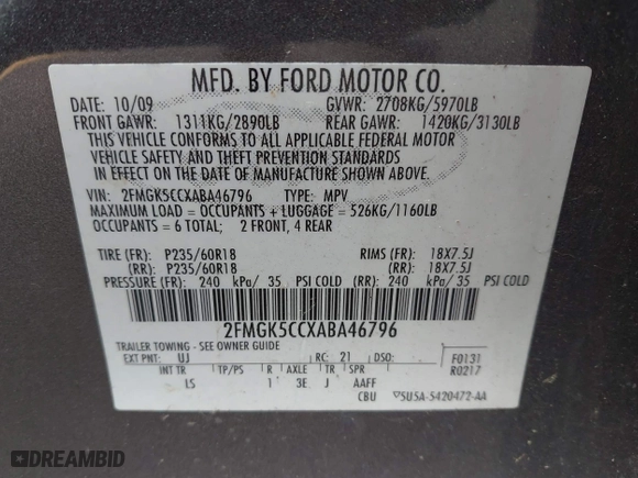 2010 Ford Flex SEL with VIN 2FMGK5CCXABA46796, listed as a IAAI auction lot 42081649 with 249,131 mi miles. Bid and sale history available at carsss.com. Image 9.
