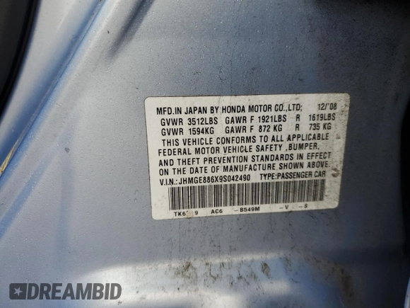 2009 Honda Fit Sport w/Navi with VIN JHMGE886X9S042490, listed as a Copart auction lot 86179244 with 109,130 mi miles and Salvage Title. Bid and sale history available at carsss.com. Image 12.