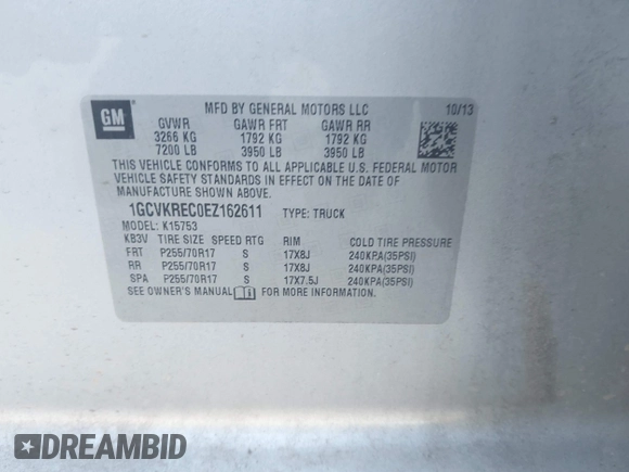 2014 Chevrolet Silverado 1500 LT with VIN 1GCVKREC0EZ162611, listed as a IAAI auction lot 41637456 with 162,637 mi miles and . Bid and sale history available at DreamBid. Image 9.