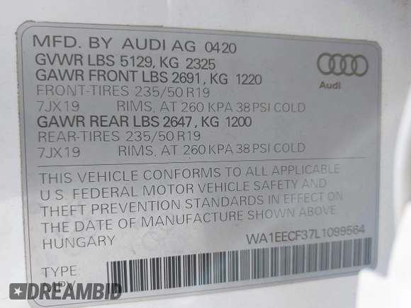 2020 Audi Q3 S line Premium Plus with VIN WA1EECF37L1099564, listed as a IAAI auction lot 41860268 with 55,389 mi miles and . Bid and sale history available at DreamBid. Image 9.
