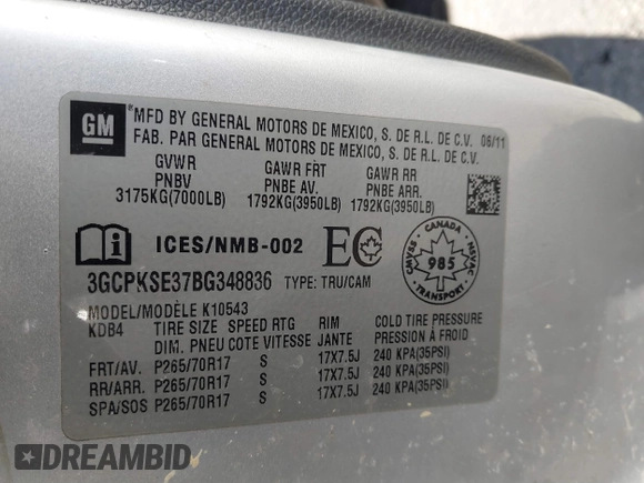 2011 Chevrolet Silverado 1500 LT with VIN 3GCPKSE37BG348836, listed as a IAAI auction lot 41452676 with 213,795 mi miles and . Bid and sale history available at DreamBid. Image 9.