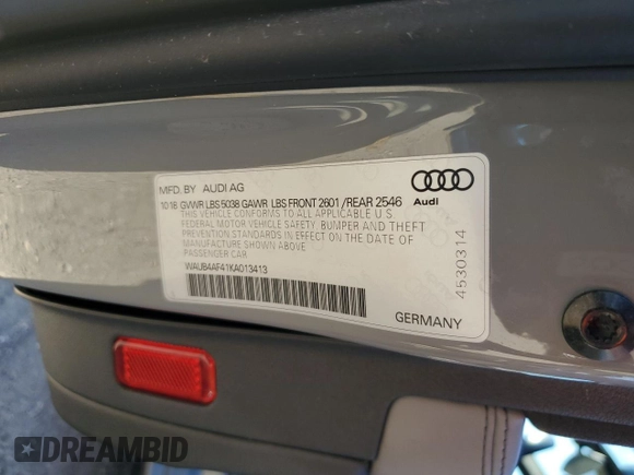 2019 Audi S4 Premium Plus with VIN WAUB4AF41KA013413, listed as a Copart auction lot 69788004 with 85,602 mi miles and Salvage Title. Bid and sale history available at carsss.com. Image 12.