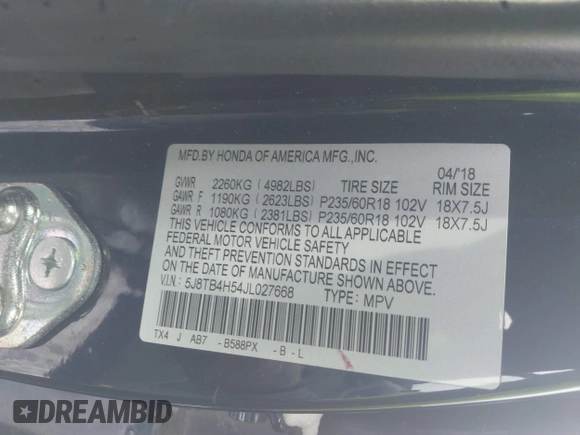 2018 Acura RDX Technology with VIN 5J8TB4H54JL027668, listed as a IAAI auction lot 41390375 with 163,198 mi miles and . Bid and sale history available at carsss.com. Image 9.