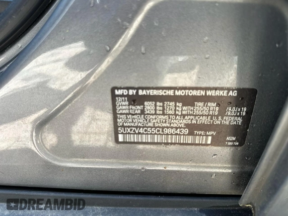 2012 BMW X5 35i with VIN 5UXZV4C55CL986439, listed as a Copart auction lot 63034725 with 188,238 mi miles and Clean title. Bid and sale history available at DreamBid. Image 10.
