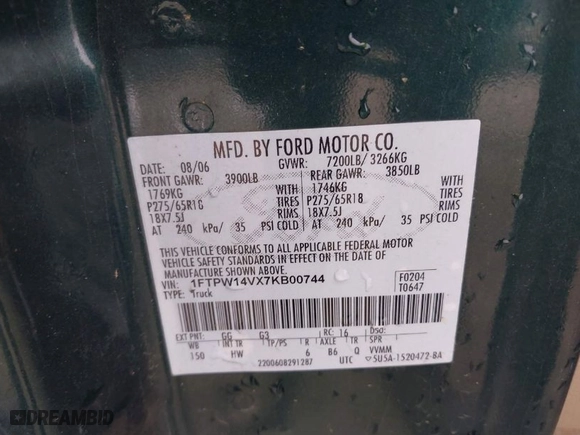 2007 Ford F-150 XLT with VIN 1FTPW14VX7KB00744, listed as a IAAI auction lot 41663286 with 111,745 mi miles. Bid and sale history available at carsss.com. Image 9.