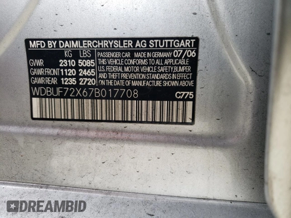 2007 Mercedes-Benz E 550 with VIN WDBUF72X67B017708, listed as a Copart auction lot 51287145 with 102,874 mi miles and Salvage Title. Bid and sale history available at DreamBid. Image 14.