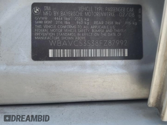 2008 BMW 3 Series 328i with VIN WBAVC53538FZ87992, listed as a Copart auction lot 60112495 with 138,489 mi miles and Clean title. Bid and sale history available at DreamBid. Image 13.