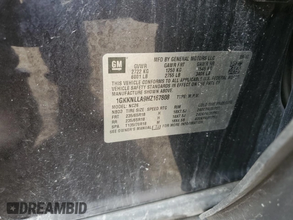 2017 GMC Acadia SLE z VIN 1GKKNLLA9HZ167808, wystawiony jako Copart lot #58584555 z przebiegiem 179 948 mil mil oraz Szkoda całkowita • Salvage title. Historia ofert i sprzedaży dostępna na DreamBid. Obrazek 13.
