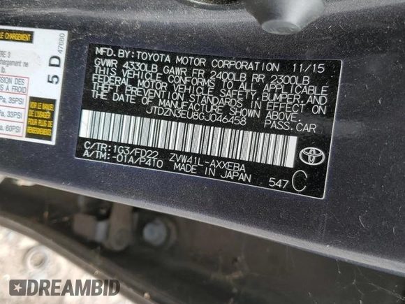 2016 Toyota Prius Two z VIN JTDZN3EU8GJ046458, wystawiony jako Copart lot #58345755 z przebiegiem 75 623 mil mil oraz Czysty tytuł • Clean title. Historia ofert i sprzedaży dostępna na DreamBid. Obrazek 13.