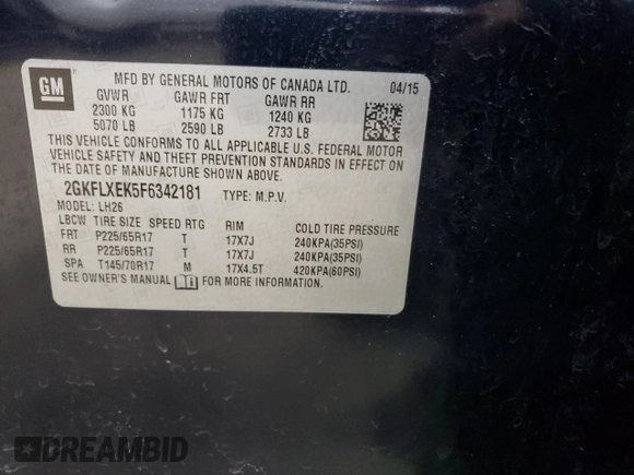 2015 GMC Terrain SLT with VIN 2GKFLXEK5F6342181, listed as a Copart auction lot 50785215 with 155,883 mi miles and Salvage Title. Bid and sale history available at DreamBid. Image 13.