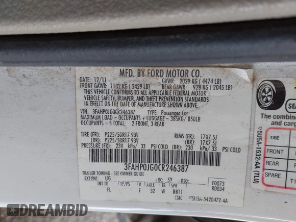 2012 Ford Fusion SEL with VIN 3FAHP0JG0CR246387, listed as a IAAI auction lot 42567408 with 257,062 mi miles and . Bid and sale history available at DreamBid. Image 9.