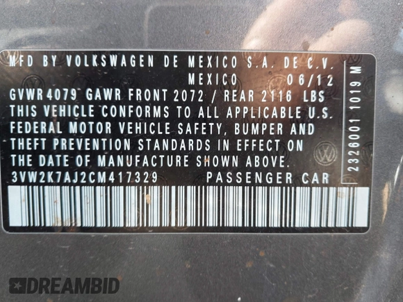 2012 Volkswagen Jetta S с VIN 3VW2K7AJ2CM417329, выставлен на аукционе IAAI как лот 41972316 с пробегом 200 299 миль миль и . История ставок и продаж доступна на DreamBid. Изображение 9.