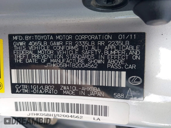 2011 Lexus CT 200h with VIN JTHKD5BH1B2004562, listed as a IAAI auction lot 41586037 with 94,017 mi miles and . Bid and sale history available at DreamBid. Image 9.
