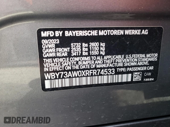 2024 BMW i4 eDrive40 with VIN WBY73AW0XRFR74533, listed as a Copart auction lot 46370845 with 15,469 mi miles and Salvage Title. Bid and sale history available at carsss.com. Image 12.