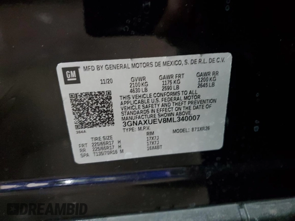 2021 Chevrolet Equinox LT with VIN 3GNAXUEV8ML340007, listed as a Copart auction lot 55551695 with 57,063 mi miles and Salvage title. Bid and sale history available at DreamBid. Image 13.