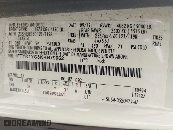 2019 Ford Transit with VIN 1FTYR1YG8KKB79962, listed as a IAAI auction lot 41257926 with 161,392 mi miles and . Bid and sale history available at DreamBid. Image 9.