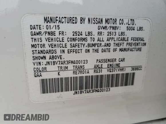 2015 Infiniti Q50 Premium with VIN JN1BV7AR3FM400123, listed as a Copart auction lot 58778025 with 59,606 mi miles and Salvage title. Bid and sale history available at DreamBid. Image 12.