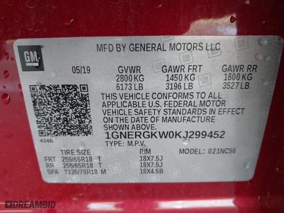 2019 Chevrolet Traverse LT Cloth with VIN 1GNERGKW0KJ299452, listed as a IAAI auction lot 41528997 with 105,607 mi miles. Bid and sale history available at carsss.com. Image 9.