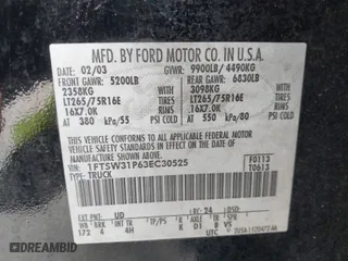 2003 Ford Super Duty F-350 SRW XL with VIN 1FTSW31P63EC30525, listed as a IAAI auction lot 41164415 with 261,844 mi miles. Bid and sale history available at carsss.com. Image 9.
